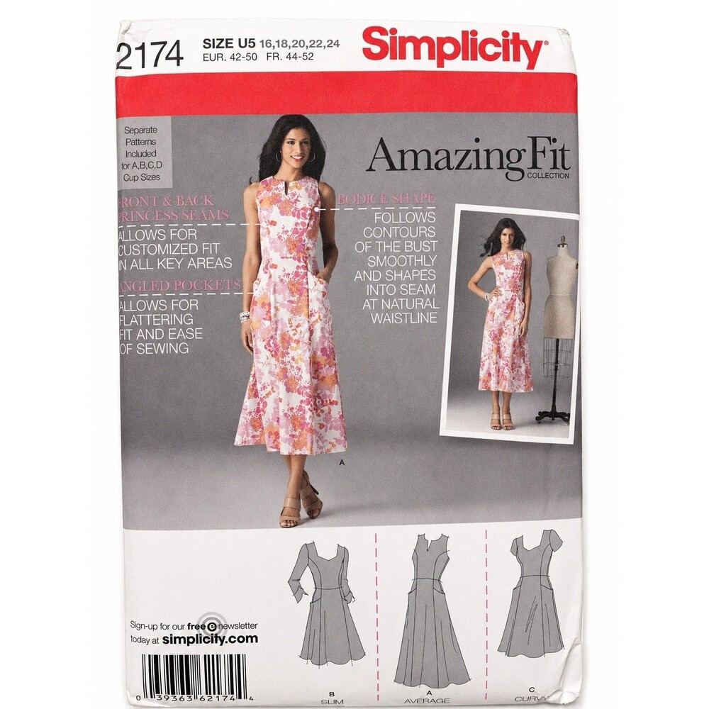 Simplicity 2174 Amazing Fit Dress Pattern Sizes 16 to 24 Uncut Complete